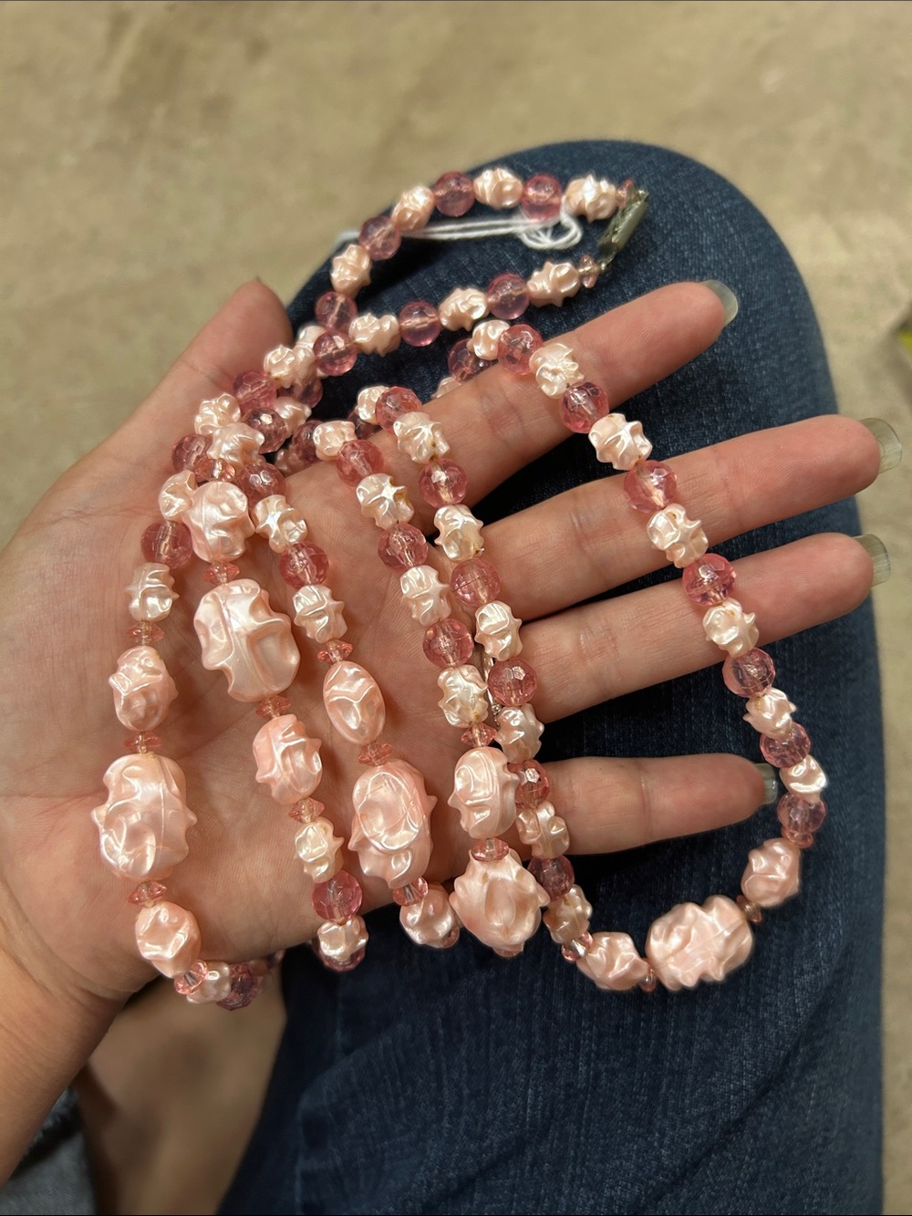 Vintage Sculptured Pink Pearl & Bead Necklace Costume Jewelry 56” long
